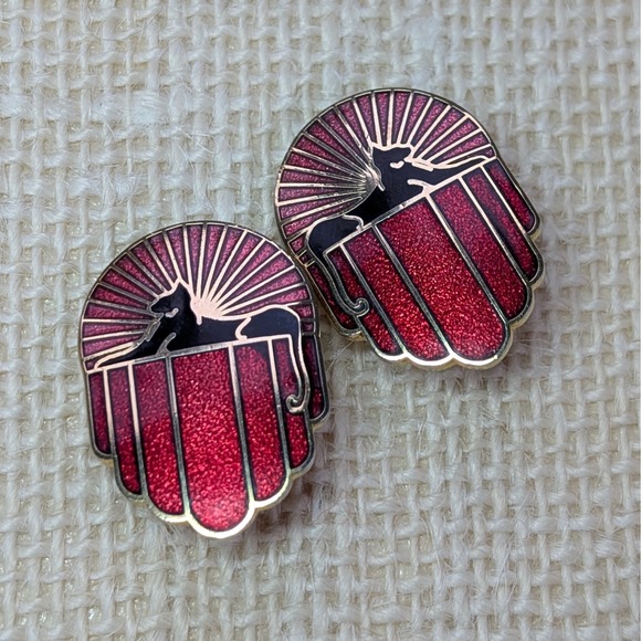 Roccoco Kaleidoscope Cat Clip On Earrings Red Enamel Cloisonne Art Deco Style - Picture 4 of 5